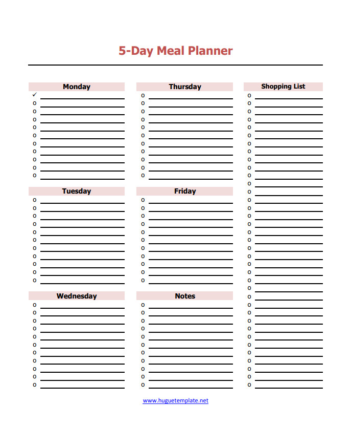 Customizable 5-day meal planner template for planning weekly meals and grocery lists.