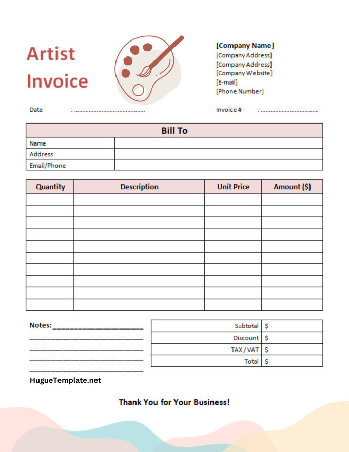 Free Printable Artist Invoice Template Sample