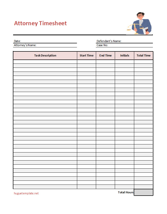 Printable attorney timesheet template featuring fields for recording billable hours, task descriptions, and total time.