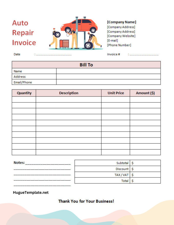 Sample Free Printable Auto Repair Invoice Template in Word and PDF Format.