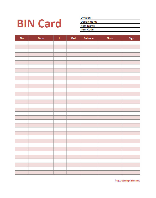 Template for BIN card showing a structured layout for tracking inventory movements and quantities