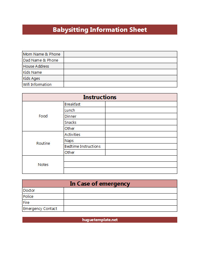 Alt="Detailed babysitting information sheet template with sections for emergency contacts, allergies, daily routine, and special instructions.