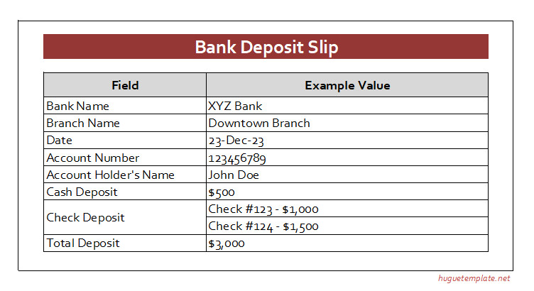 Standard bank deposit slip template with sections for account number, deposit amount, and bank branch details.