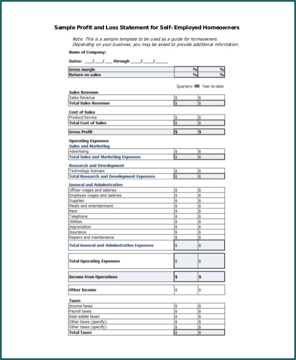 Basic Profit And Loss Statement Template Example