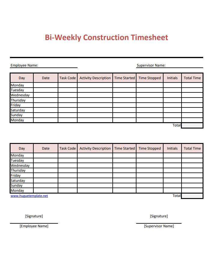 Bi-weekly construction timesheet template displaying fields for tracking hours worked by construction workers.