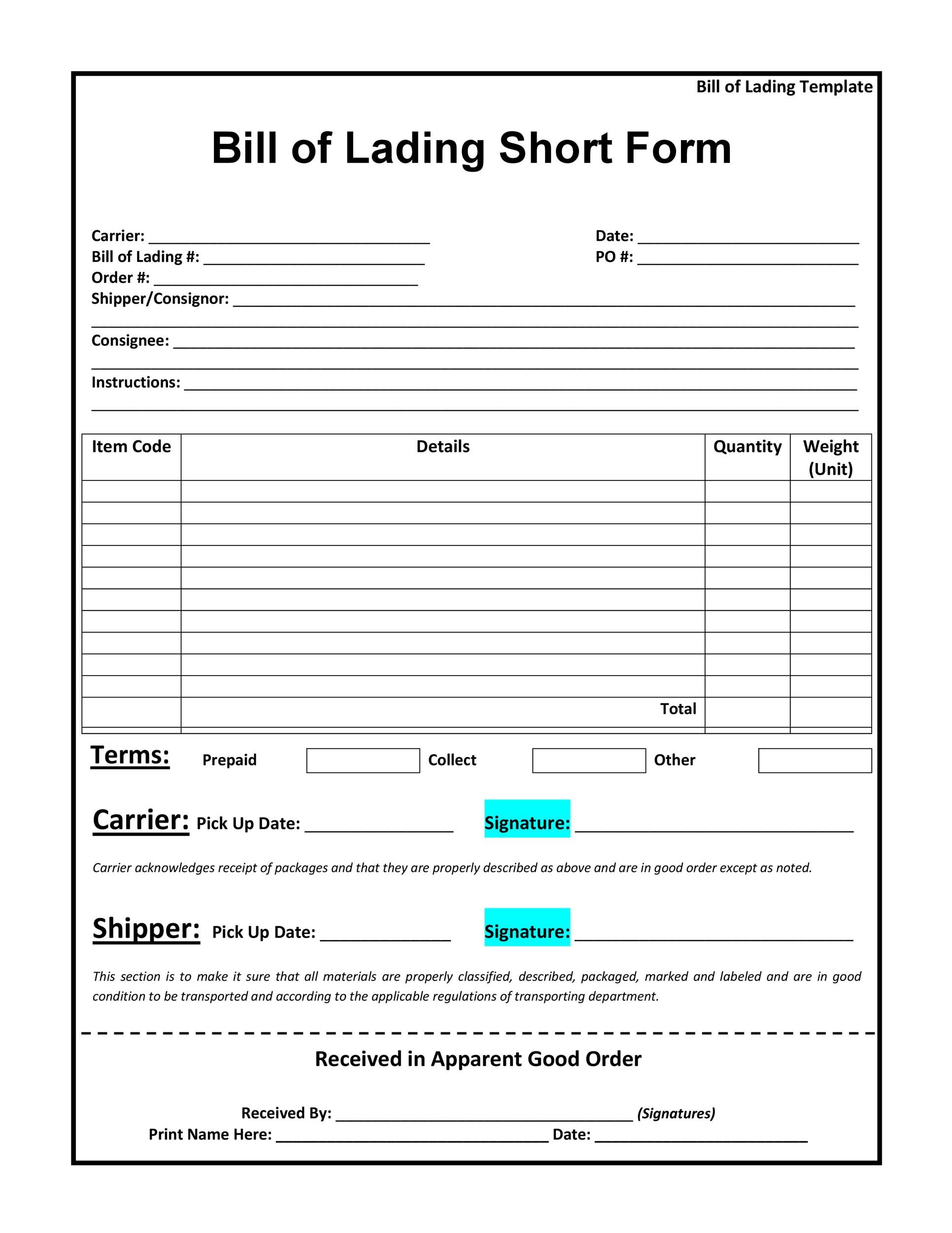 Bill of Lading Form Example