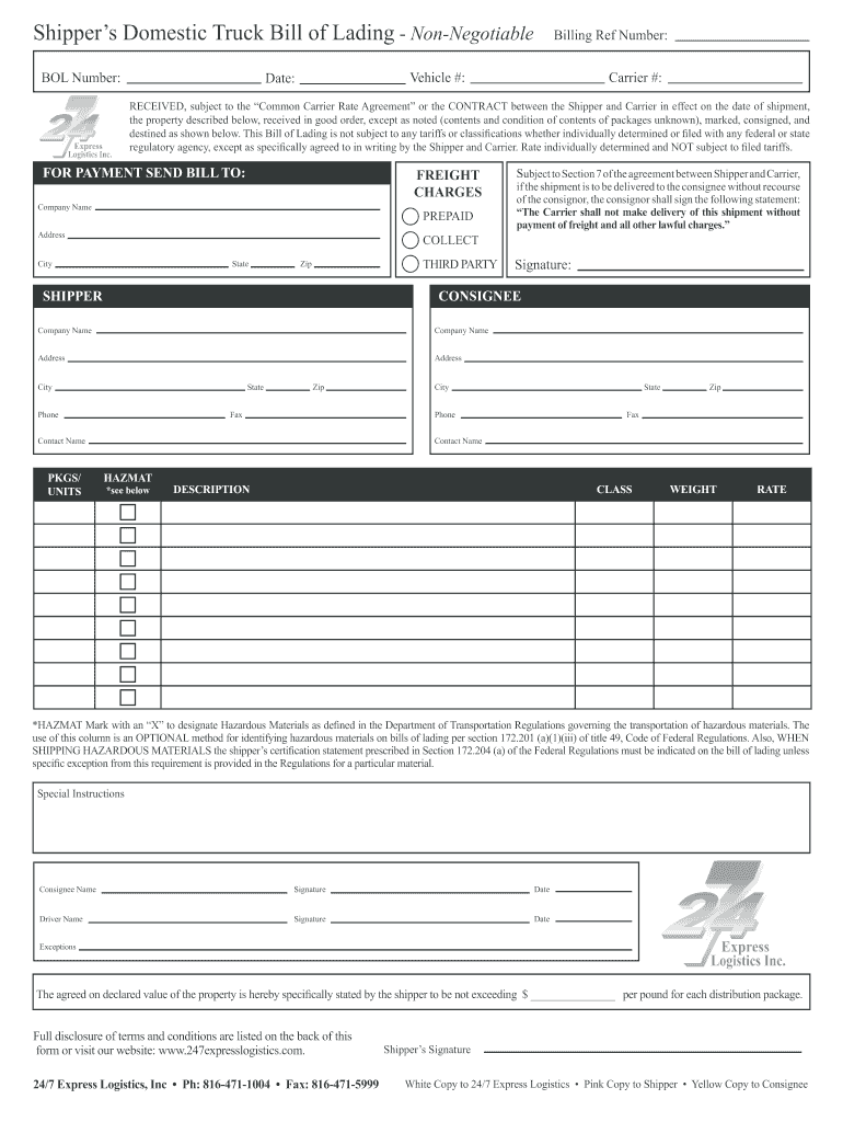 Bill of Lading Form Sample