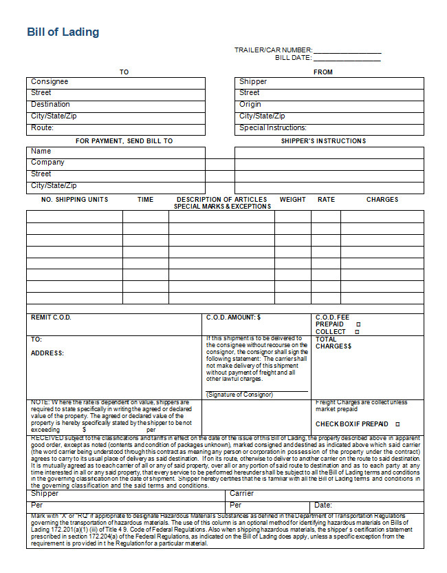 Bill of Lading Form