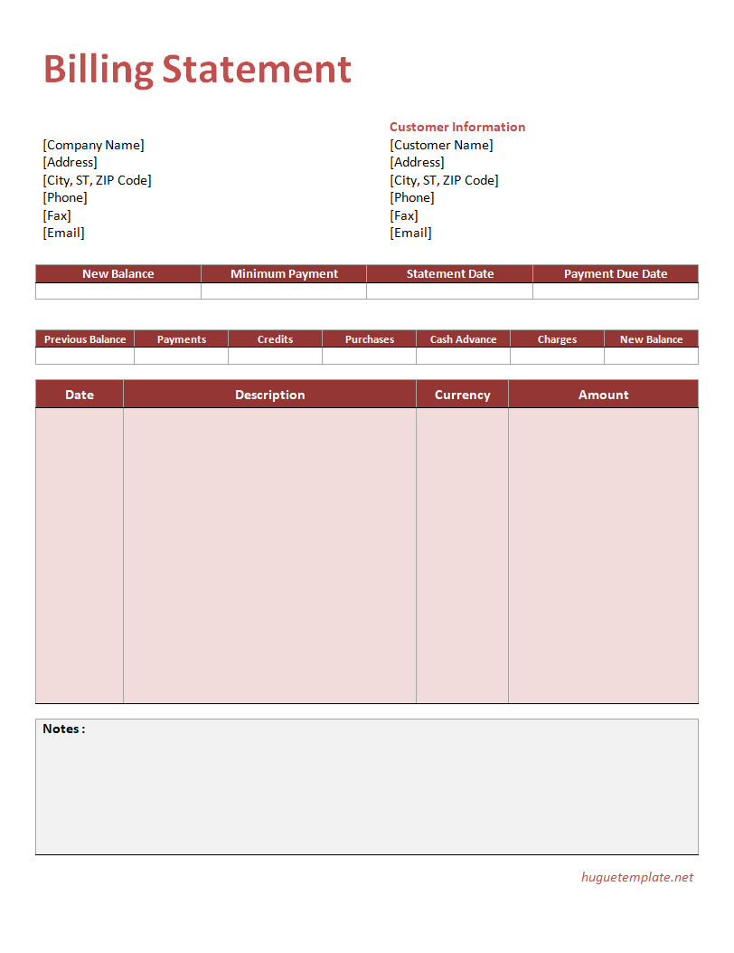 Billing Statement Template Design with Clear Sections for Account Summary, Item Descriptions, and Balance Calculation