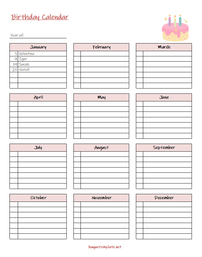 Printable birthday calendar template with sections for each month