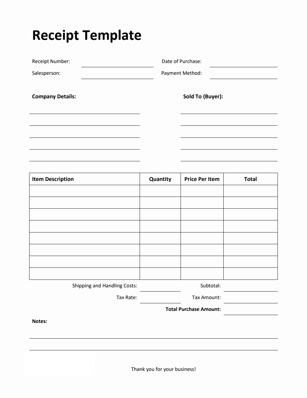 Blank Receipt Template Sample