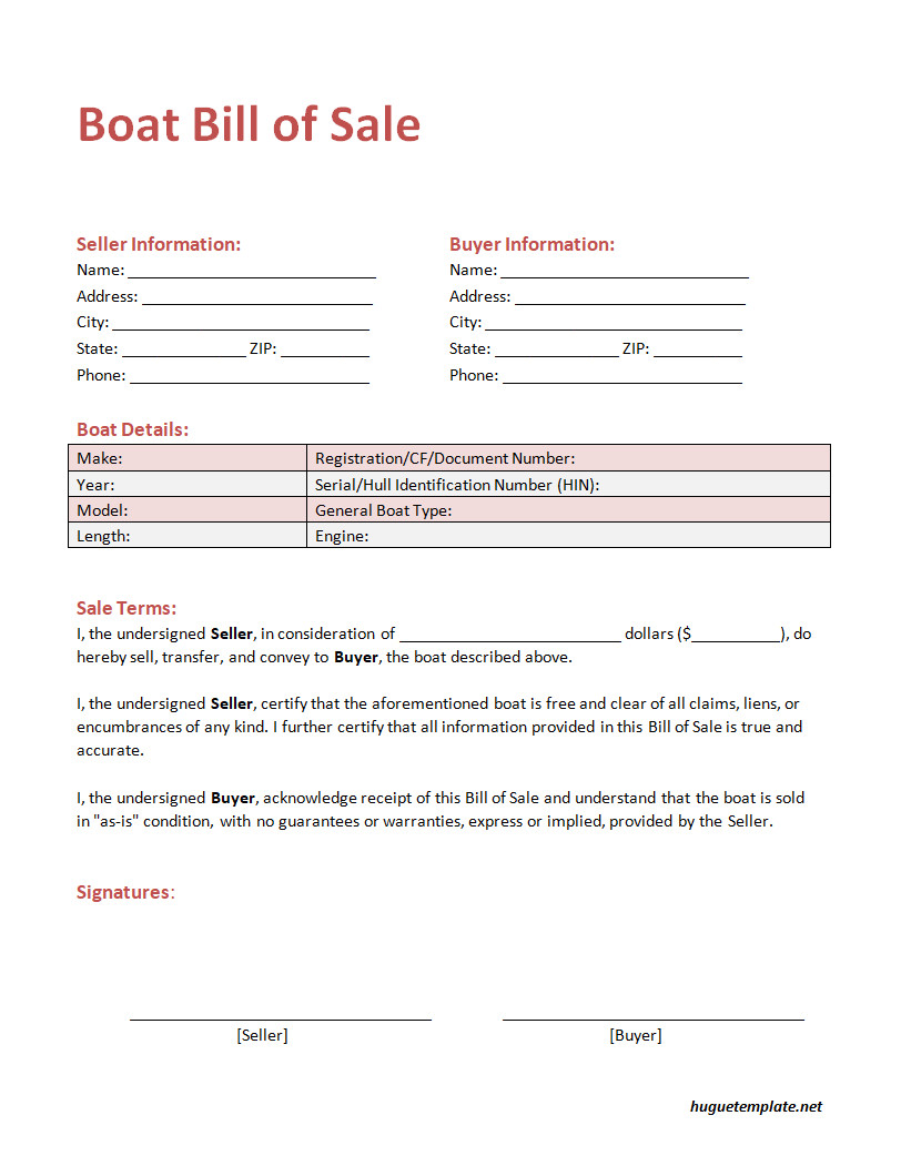 Boat Bill of Sale Template Featuring Sections for Boat Details, Seller and Buyer Information, and Purchase Price