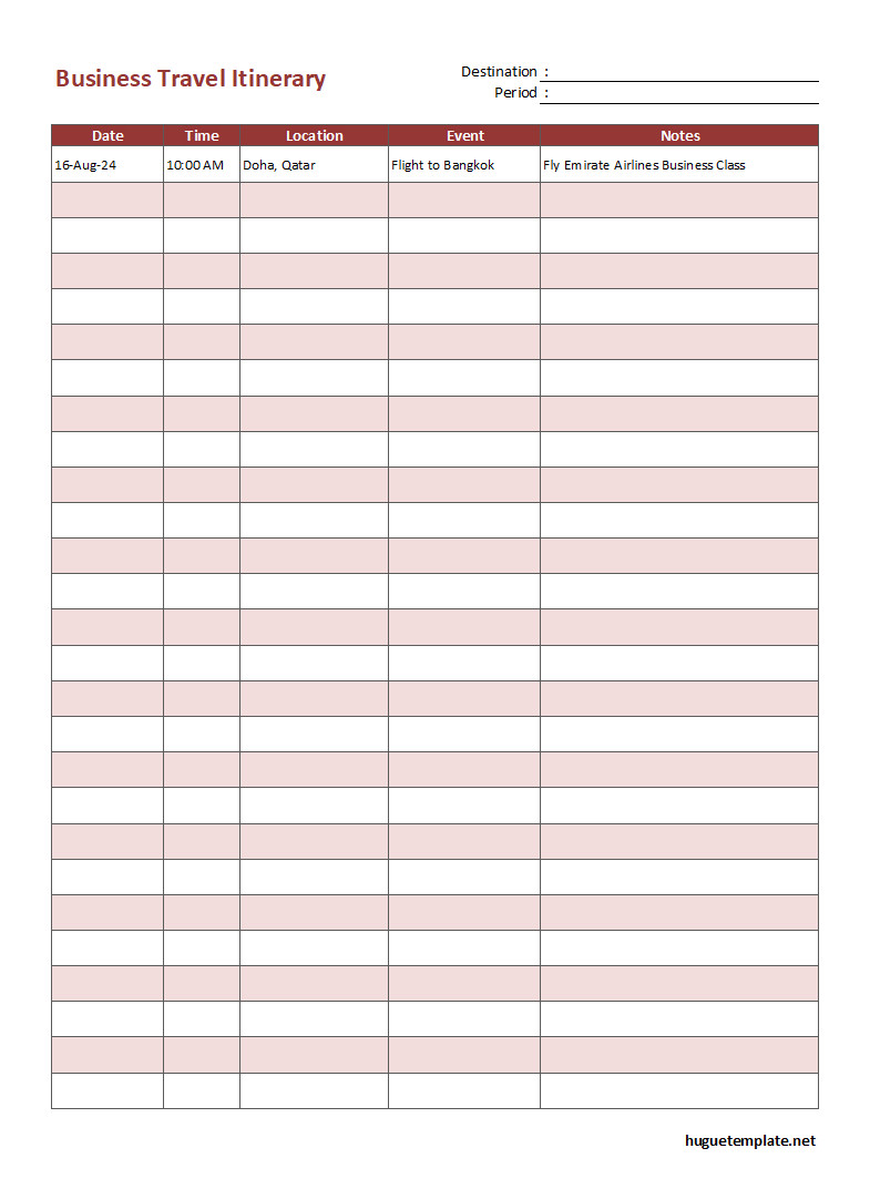 Business travel itinerary template featuring fields for trip dates, transportation arrangements, and daily agendas