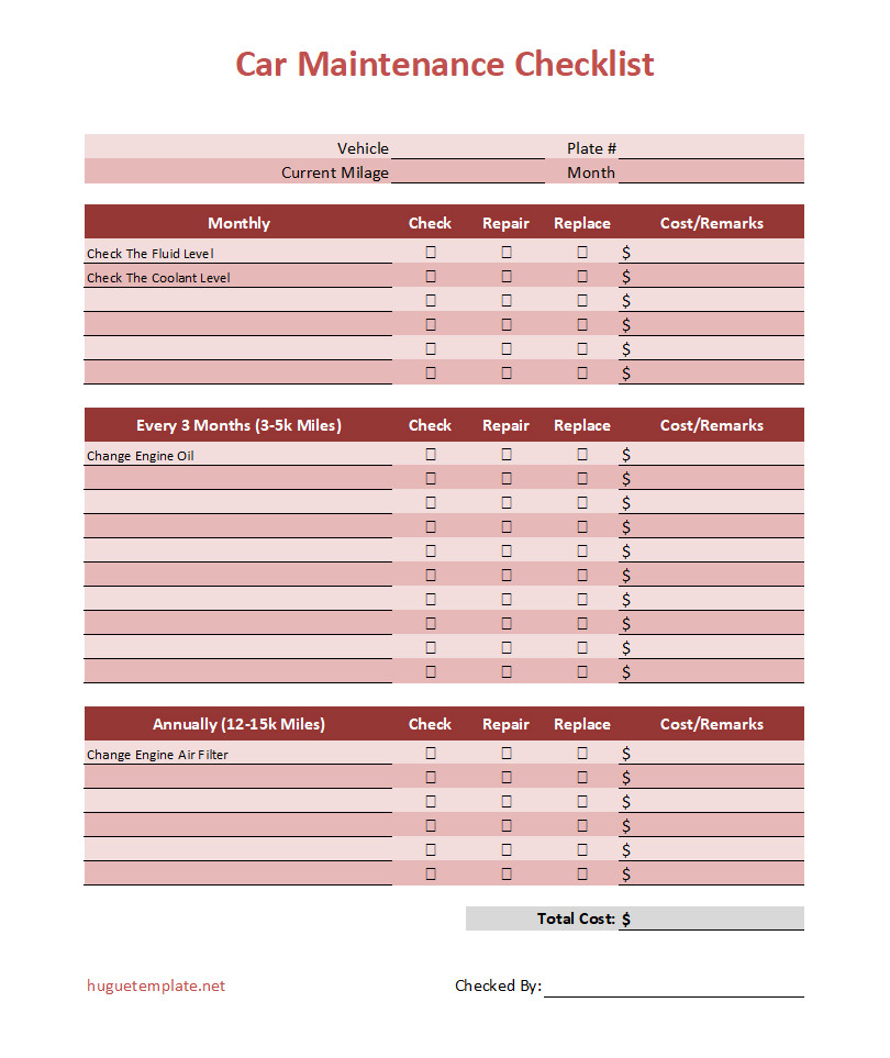 Free Printable Car Maintenance Checklist Template