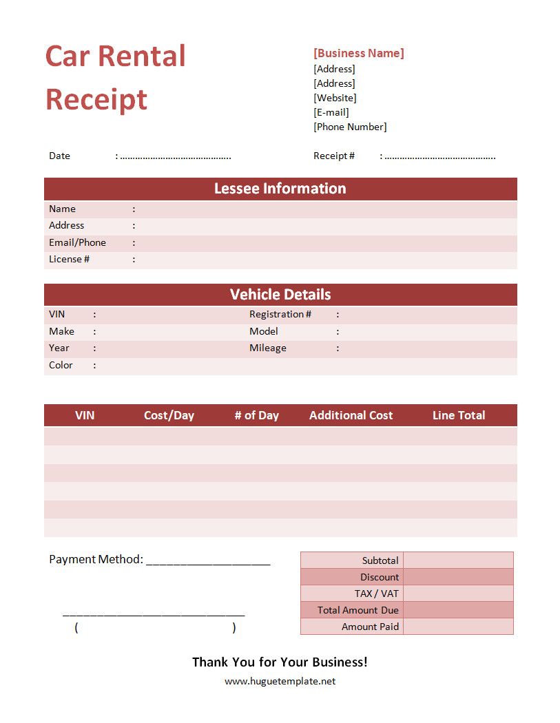 Professional car rental receipt template featuring sections for renter details, rental company information, vehicle details, and total charges.