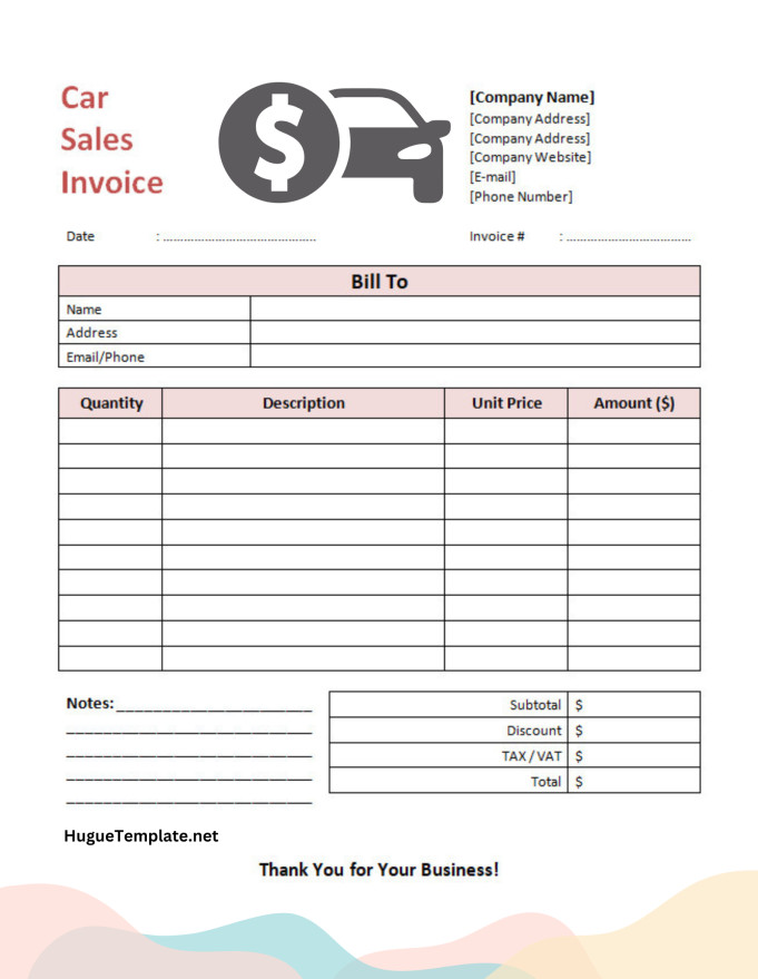 Sample Printable Blank Car Sales Invoice Template in Word and PDF Format.