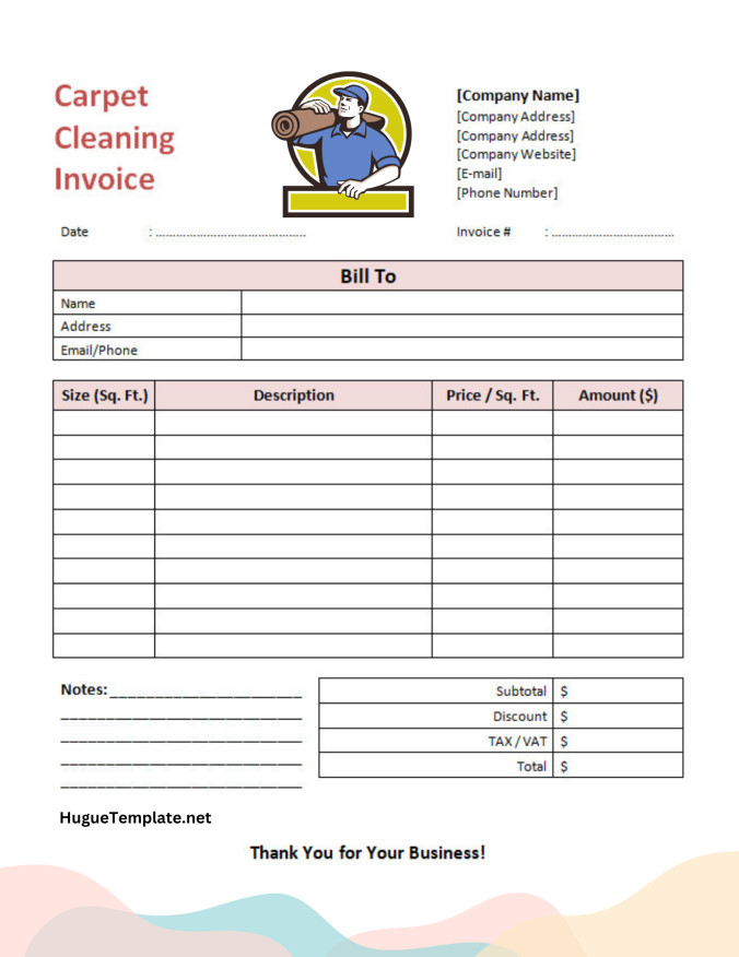 Sample Printable Blank Carpet Cleaning Invoice Template in Word and PDF Format.