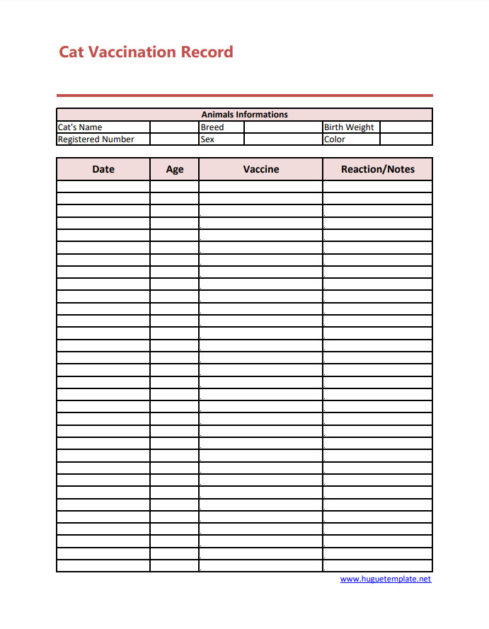 Professional vaccination record template featuring sections for vaccine types, dates, and next appointments.