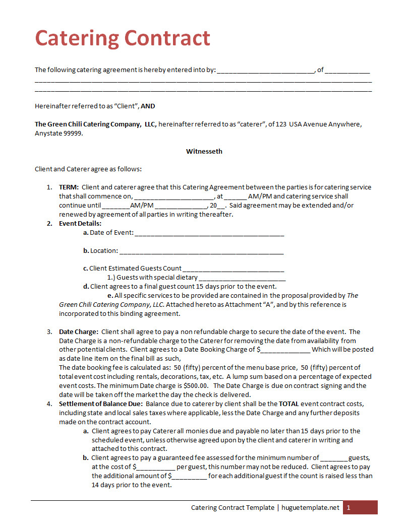 Professional Catering Contract Template with Fields for Client Information, Service Specifications, and Agreement Terms