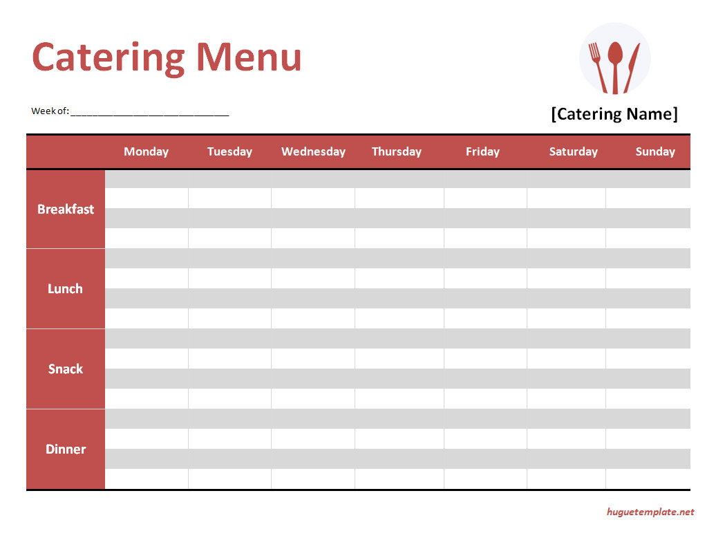 Elegant Catering Menu Template Featuring Sections for Breakfast, Launch, Snack, and Dinner.