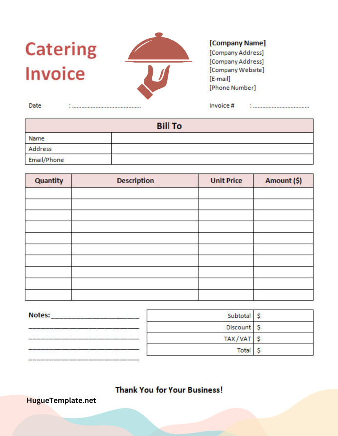 Sample Printable Blank Catering Service Invoice Template