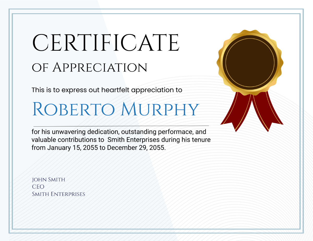 Certificate Of Appreciation Template Example