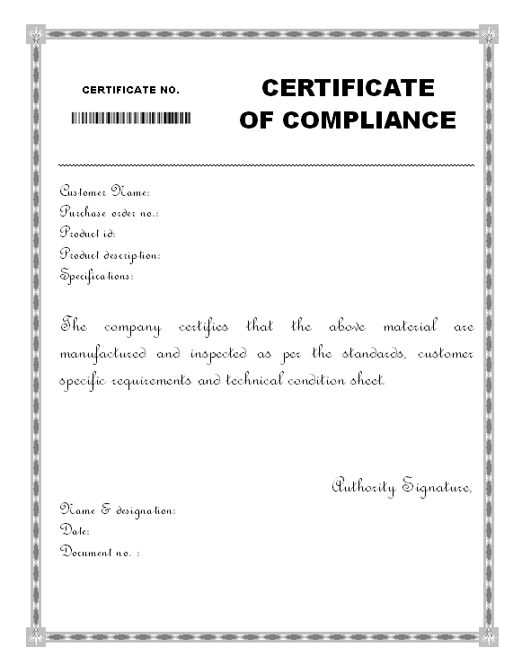 Certificate of Compliance Template Example