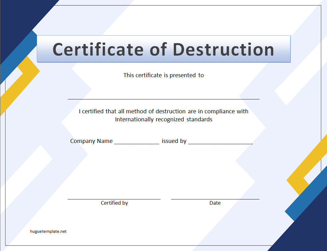 Professional Certificate of Destruction Template with Space for Date, Destruction Details, and Company Information