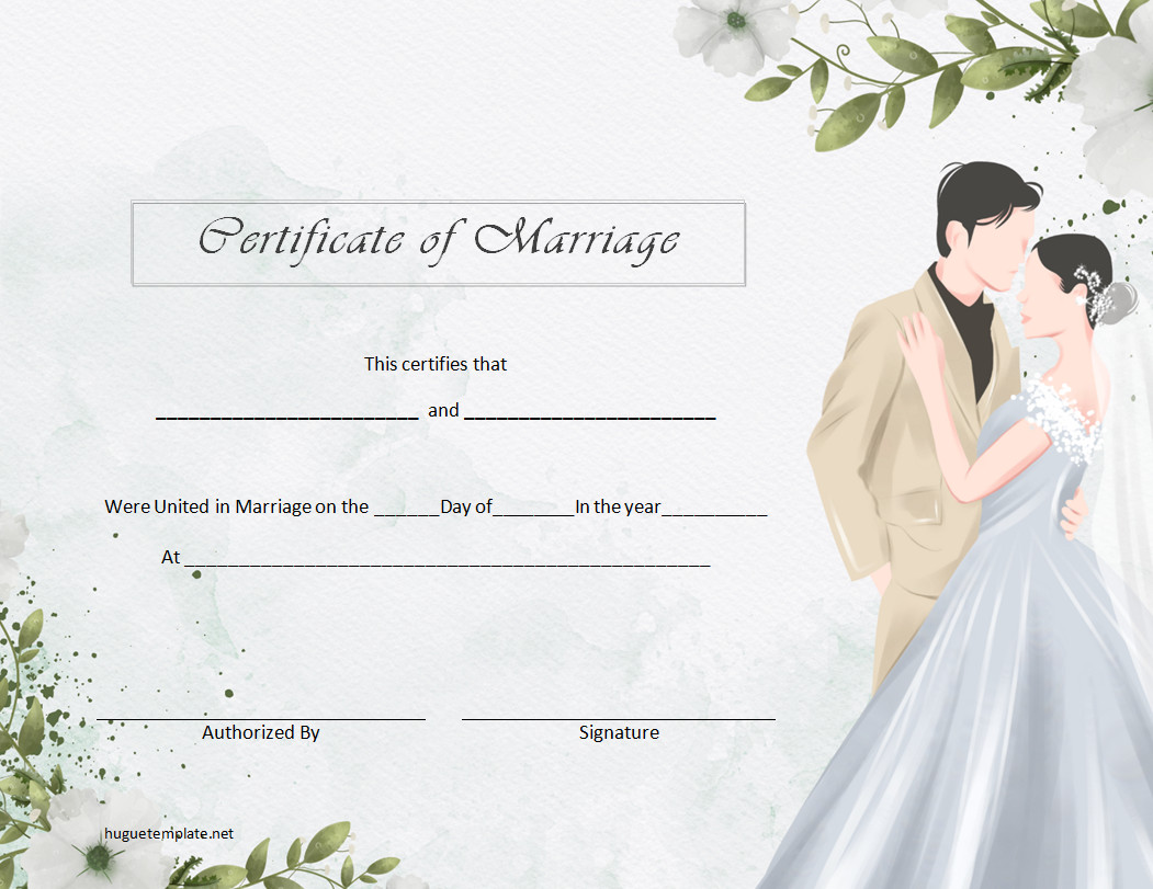 Elegant Certificate of Marriage Template with decorative border and space for couple's names, marriage date, and officiant's signature