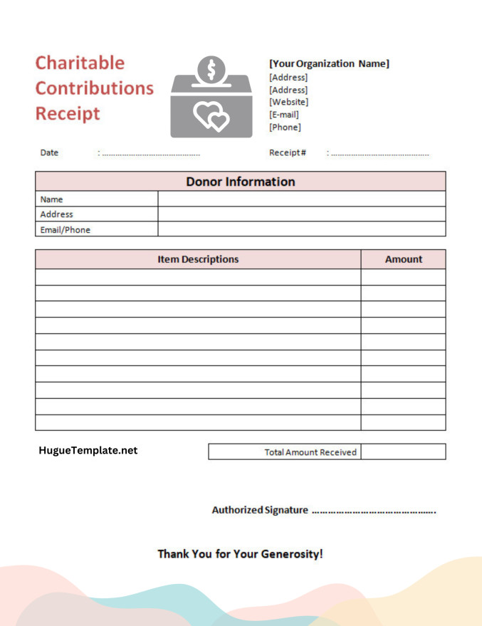 Sample Printable Blank Charitable Contributions Receipt Template