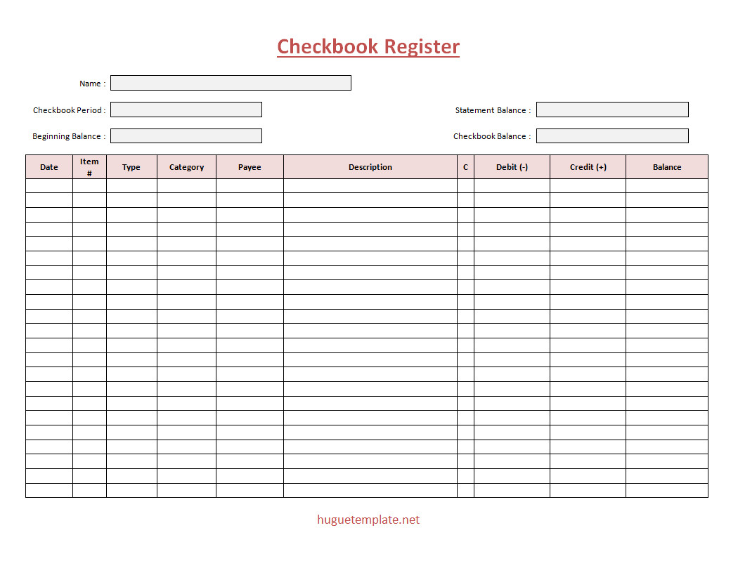 Detailed checkbook register template featuring columns for date, check number, description, payment/deposit amounts, and running balance.