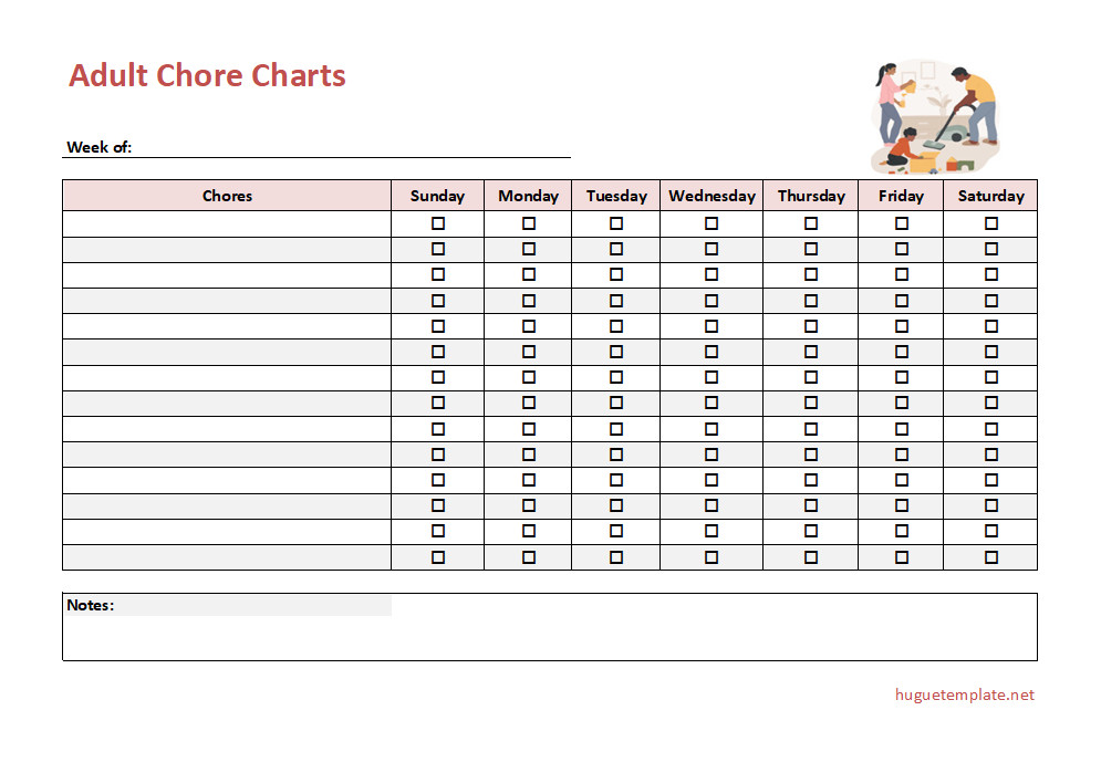 Printable chore chart template for adults to organize household tasks.