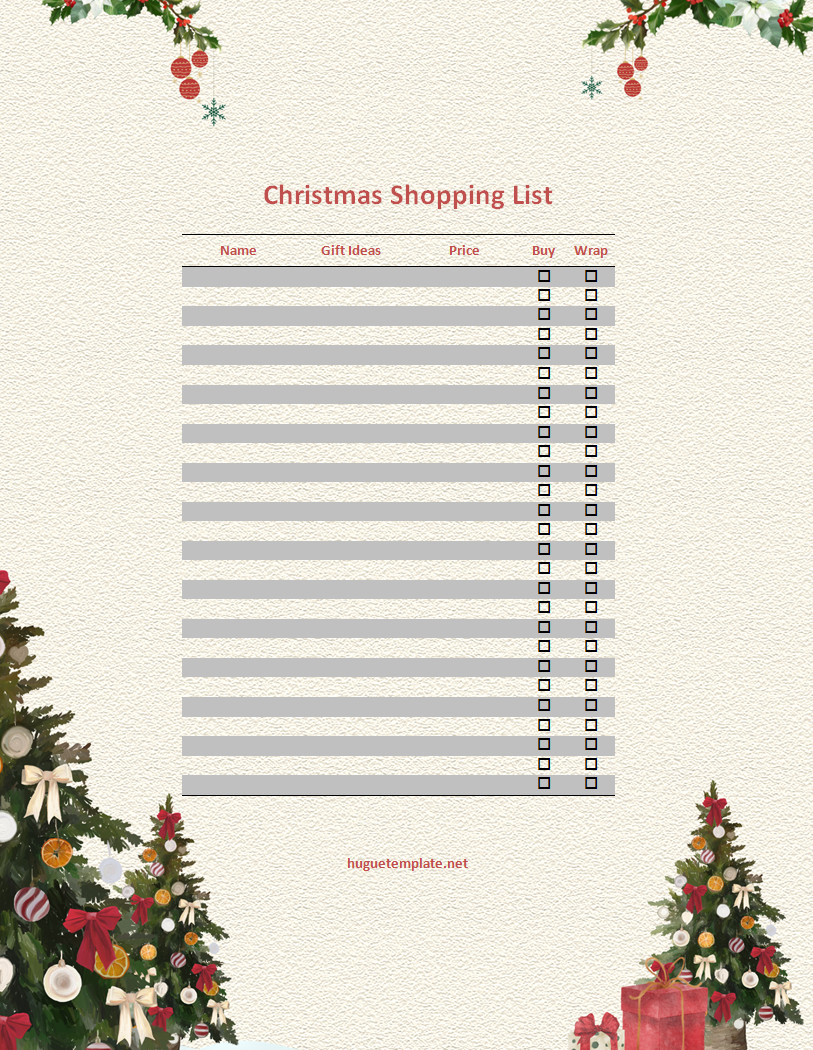 Festive Christmas shopping list template with sections for gift ideas and recipient names