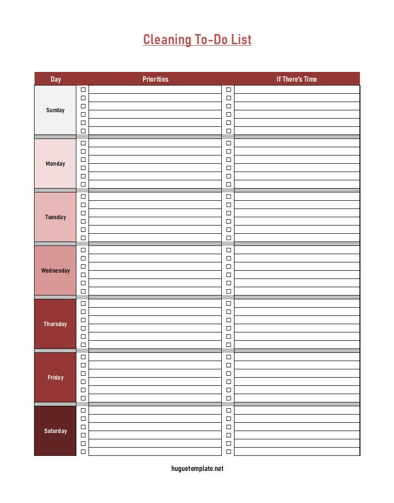 Detailed weekly cleaning to-do list template showcasing itemized tasks.