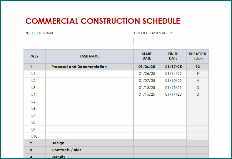 Commercial Construction Schedule Template