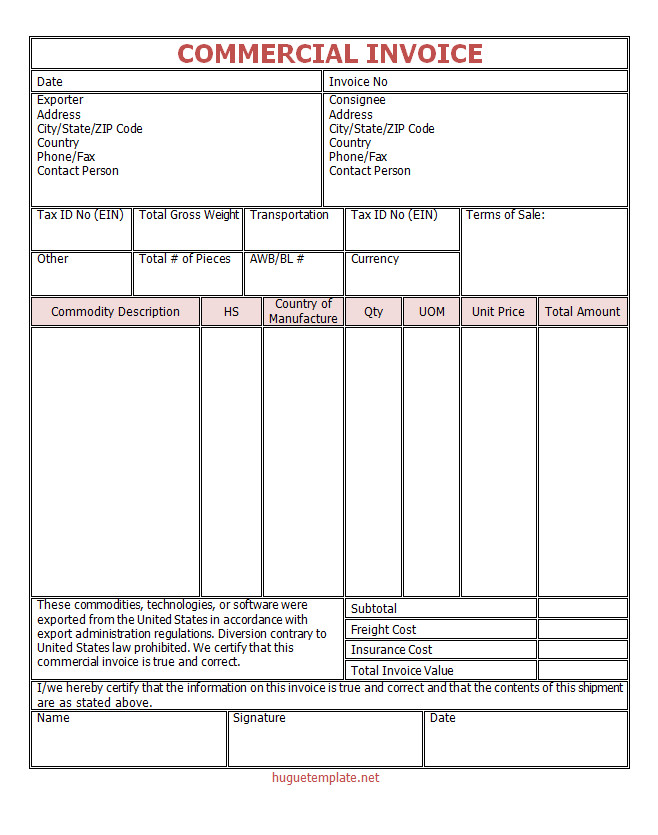 Professional commercial invoice template featuring sections for seller and buyer information, itemized product list, quantities, and total amount due.