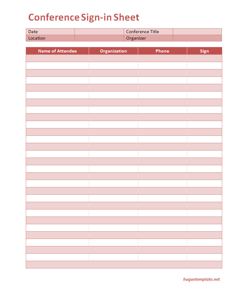 Professional conference sign-in sheet template featuring sections for attendee names, contact information, and registration dates.