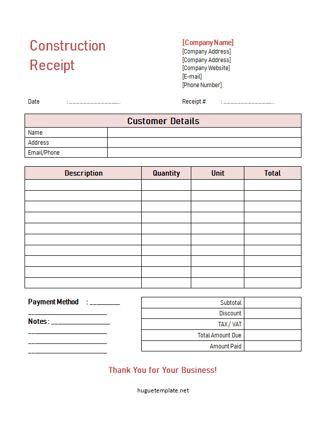 Simple and professional construction receipt template with fields for project details, labor costs, and materials used.