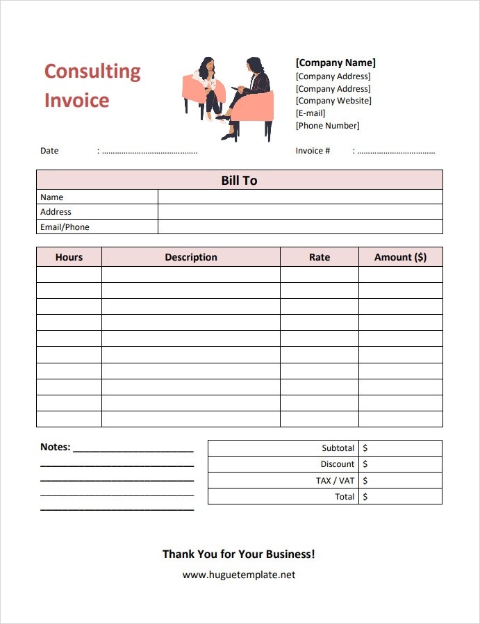 Sample Blank Printable Consulting Invoice Template in Word and PDF Format.