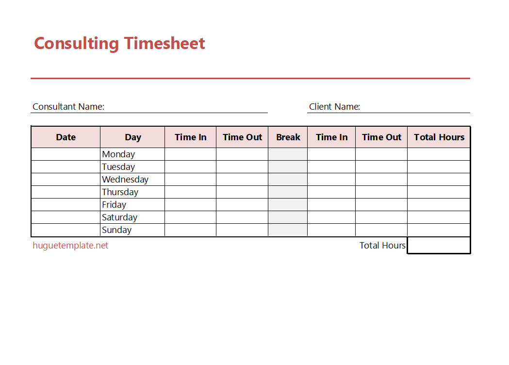 Professional consulting timesheet template with sections for consultant name, client details, project name, task descriptions, hours worked, and total billable hours.