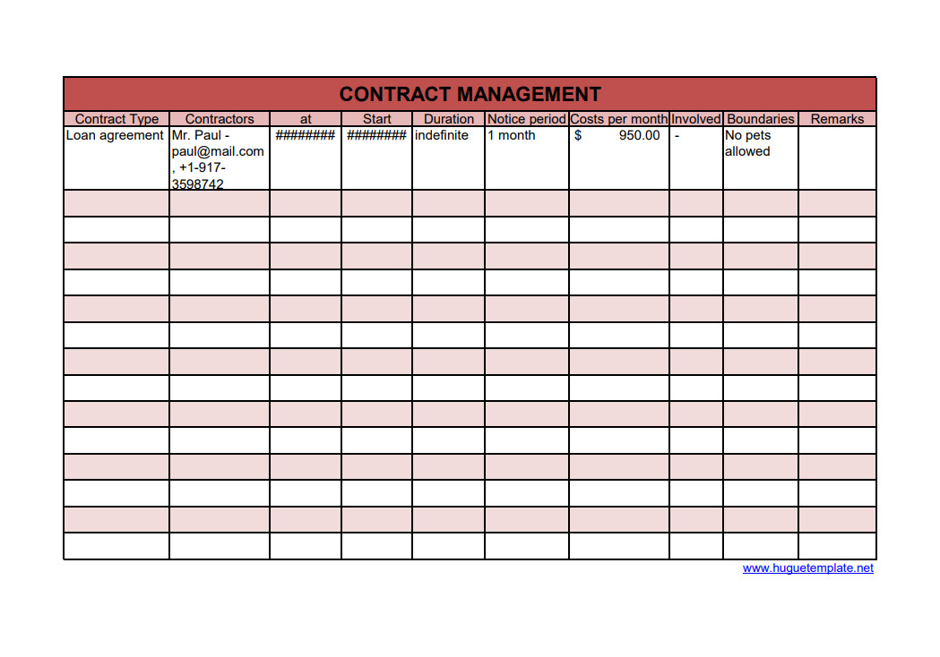 Professional contract management template featuring clear sections for tracking contract status and deadlines.