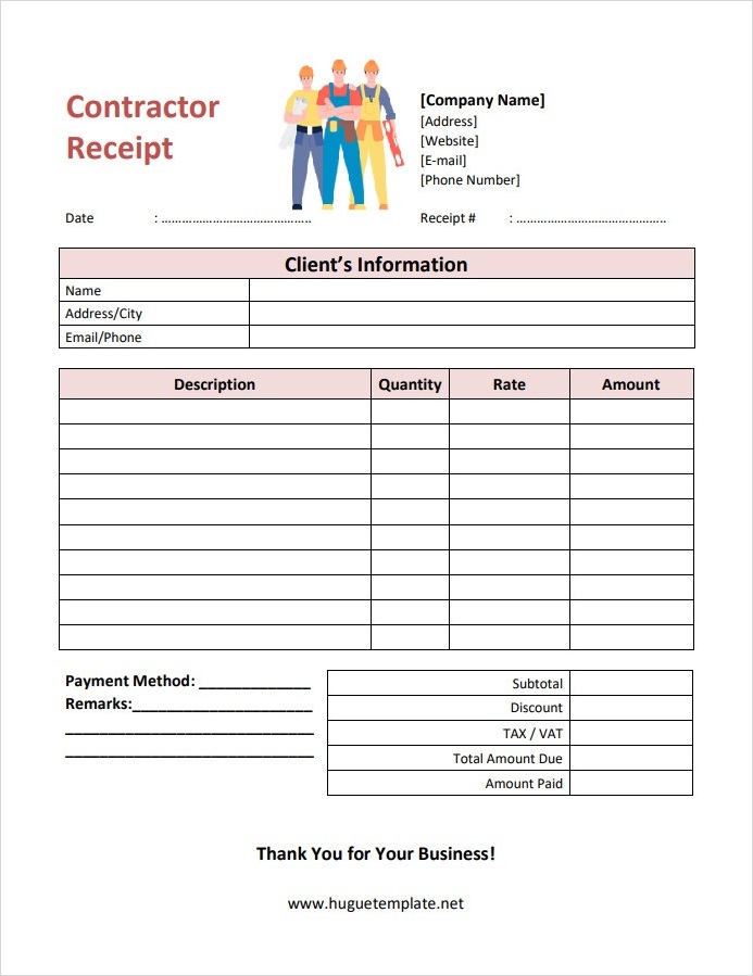 Free Printable Contractor Receipt Template