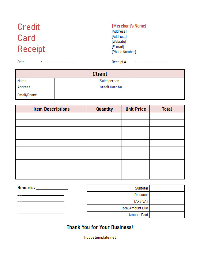 Clean and minimal credit card receipt template featuring transaction details such as date, amount, and merchant information.