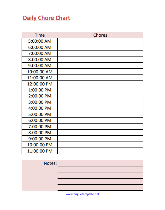 Customizable daily chore chart template for assigning and tracking household tasks.