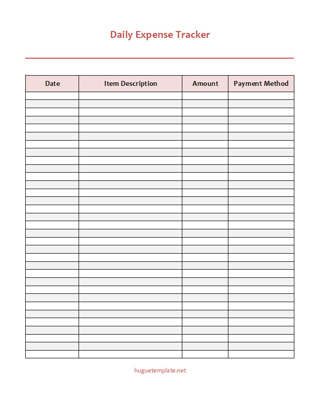 Simple daily expense tracker template showcasing columns for expense descriptions, payment methods, amounts, and daily totals.