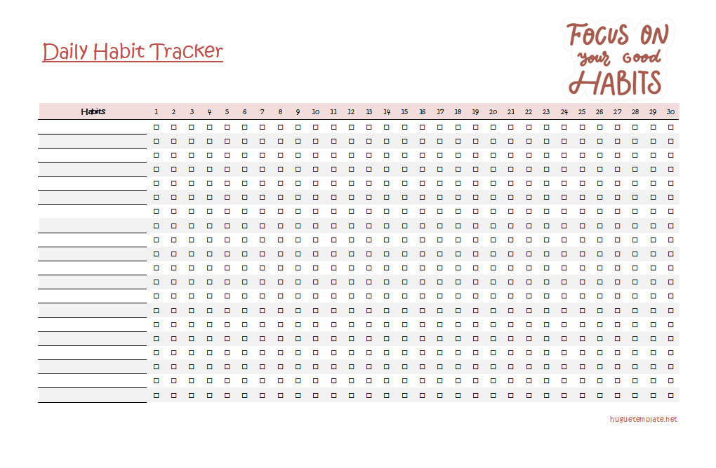 Structured daily habit tracker template for organizing and reviewing daily progress.