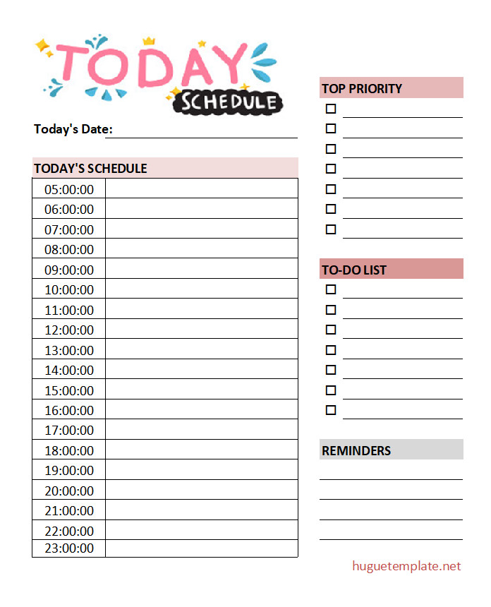 Printable daily schedule template for organizing and managing daily tasks.