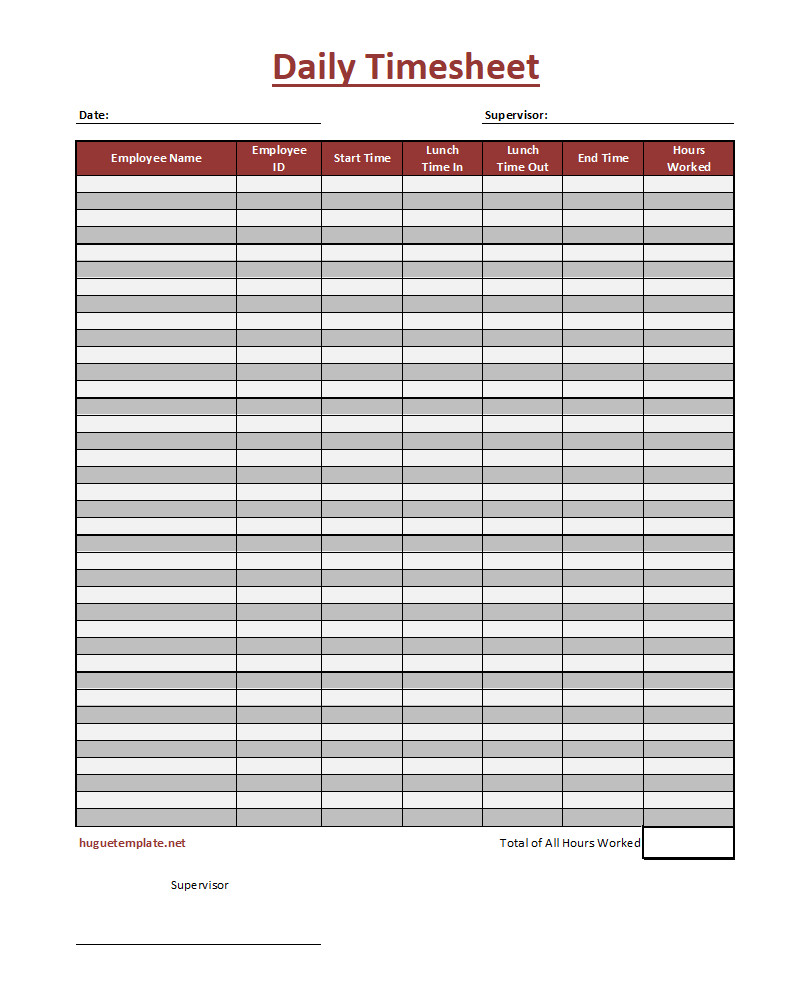 Daily Timesheet Template with Sections for Employee Hours, Tasks, and Breaks