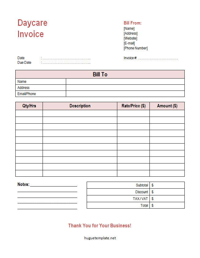 Professional daycare invoice template featuring sections for parent and child information, attendance dates, itemized childcare services, and total charges.