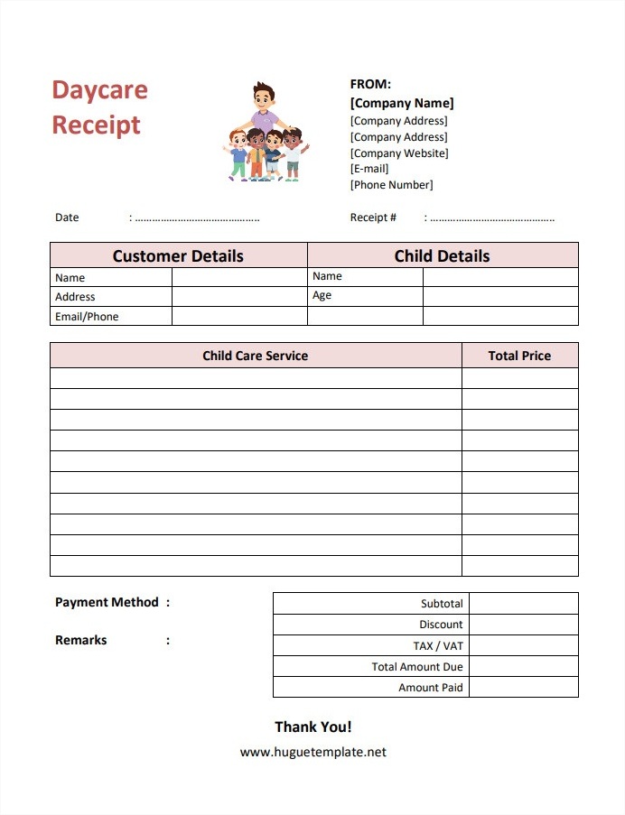 Sample Printable Blank Daycare Receipt Template in Word and PDF Format.